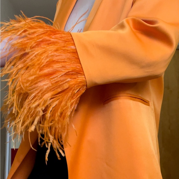 Orange Satin Zara blazer with feather trim wrists. - Picture 2 of 5
